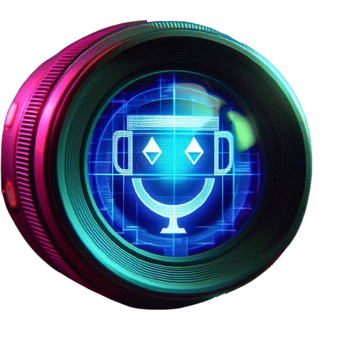 A camera lens focusing on a smiling avatar